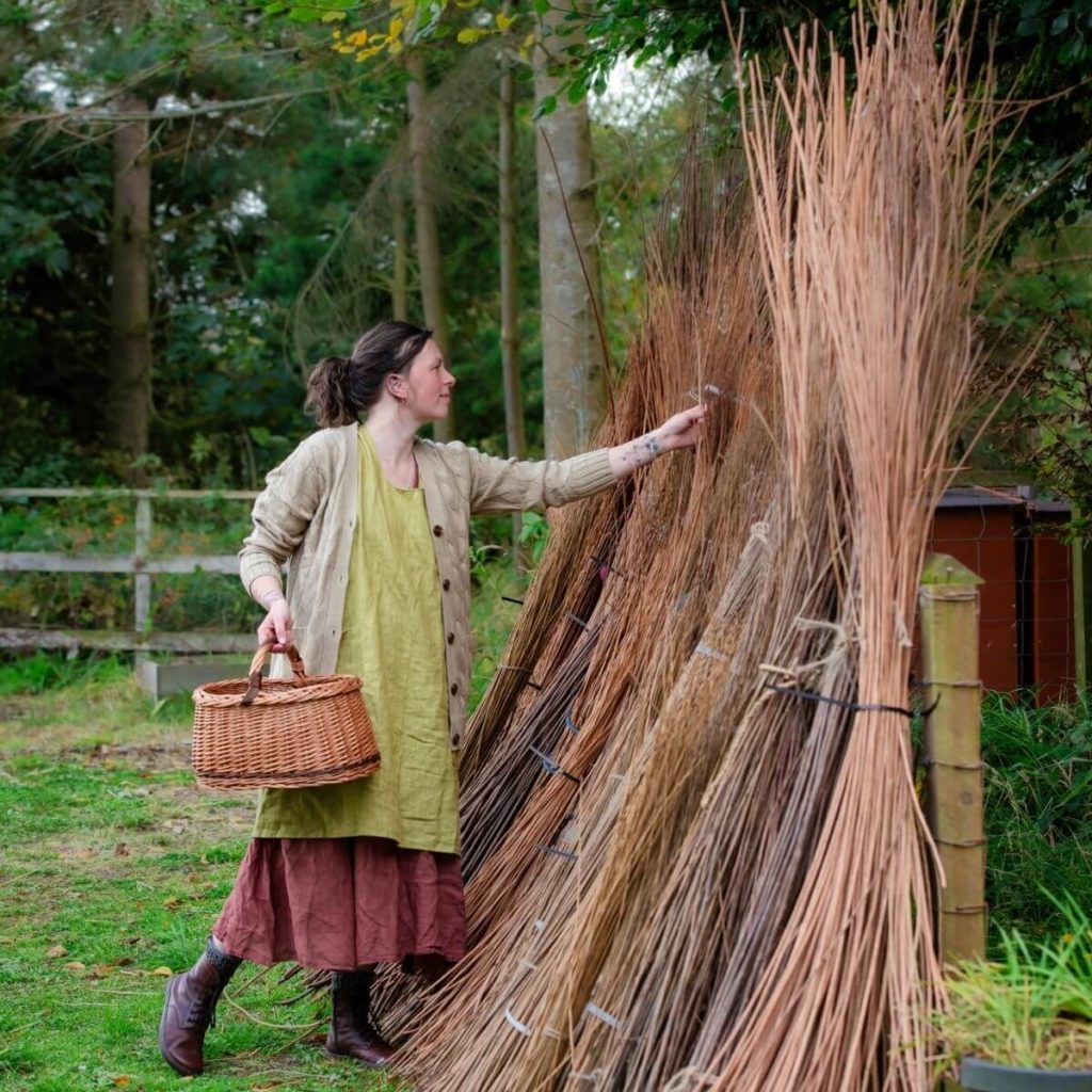 woman stands in woods with a woven basket, wearing a linen dress, apron, and wool cardigan as she chooses willow rods to weave with