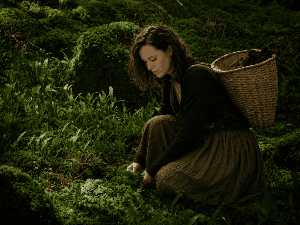 a woman with wavy brown hair kneels in a mossy woodland, collecting plants as she puts them in her willow backpack